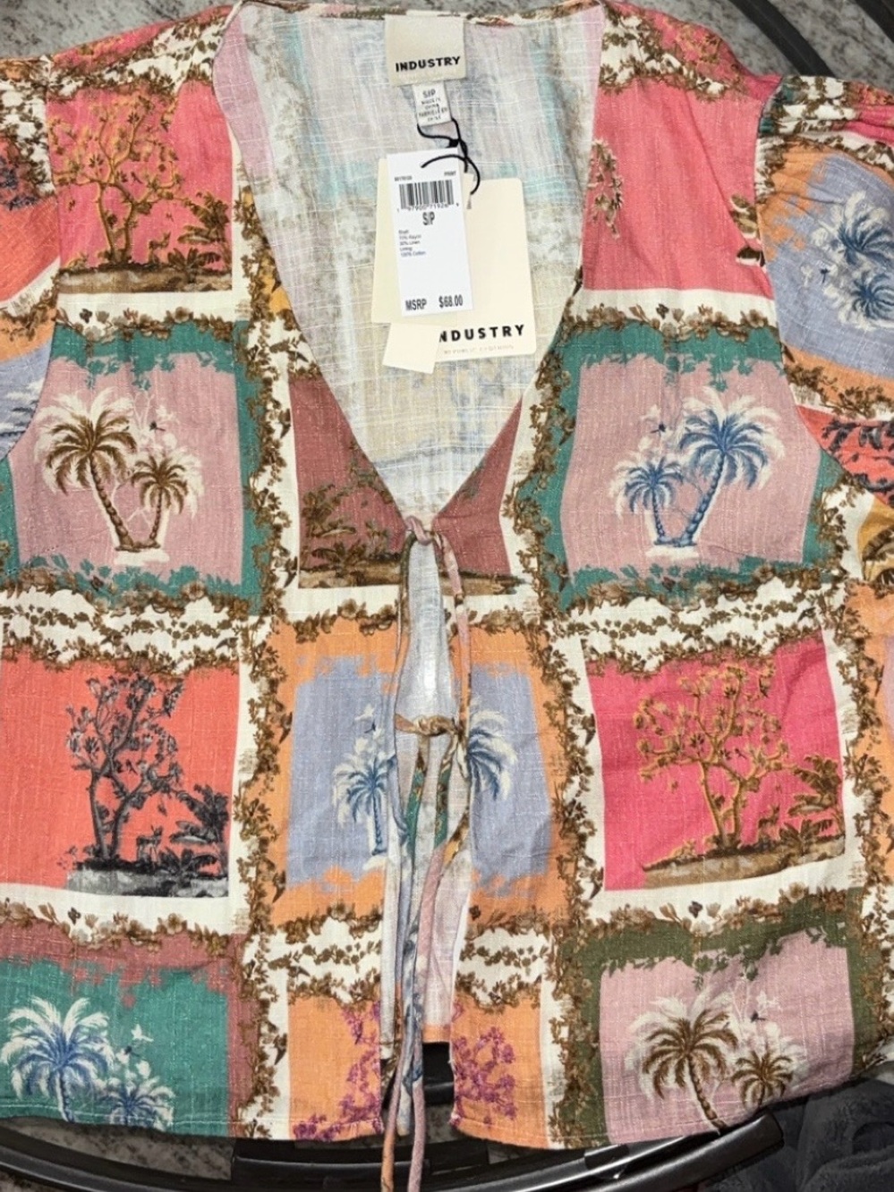 INDUSTRY Patchwork Palm Tie-Front Blouse NWT